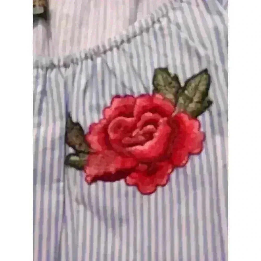 World Together Roses Crop Top MEDIUM Blue White Striped Embroidered Roses Ruffle - Picture 6 of 10